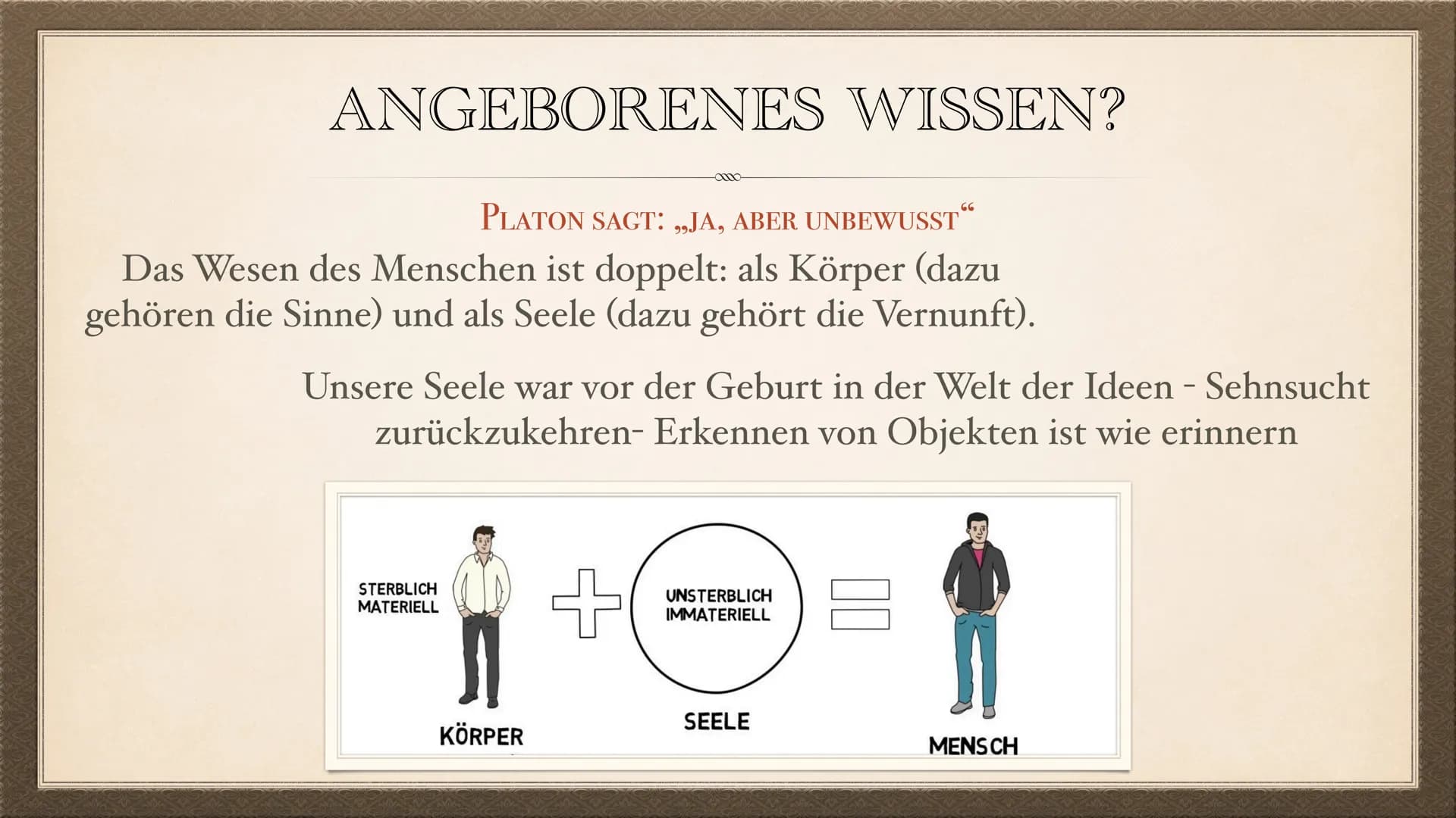 PLATONS
ERKENNTNISTHEORIE
EIN REFERAT VON LEONIE UND NURA ZU SEINER PERSON:
GEBOREN: UM 428 V. CHR. IN ATHEN
Sohn einer Einflussreichen Adel