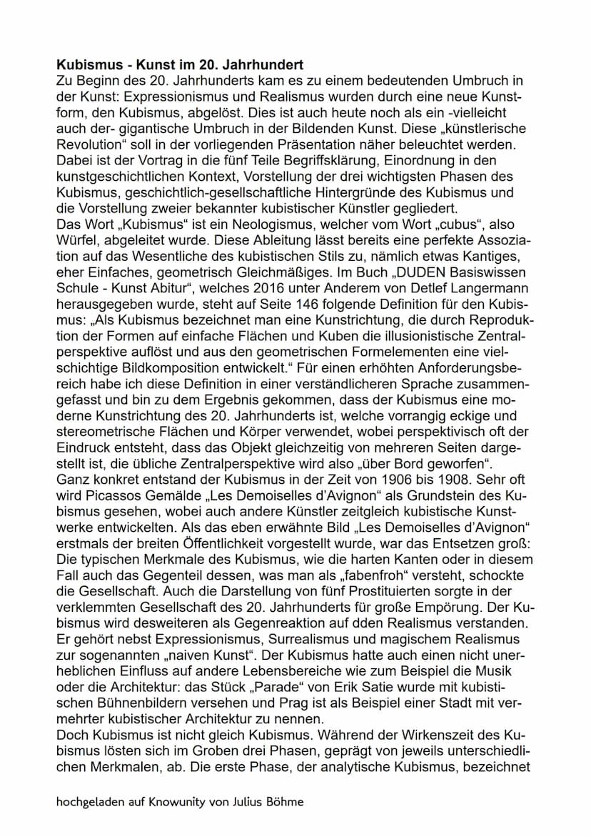 Kubismus - Kunst im 20. Jahrhundert
Zu Beginn des 20. Jahrhunderts kam es zu einem bedeutenden Umbruch in
der Kunst: Expressionismus und Rea