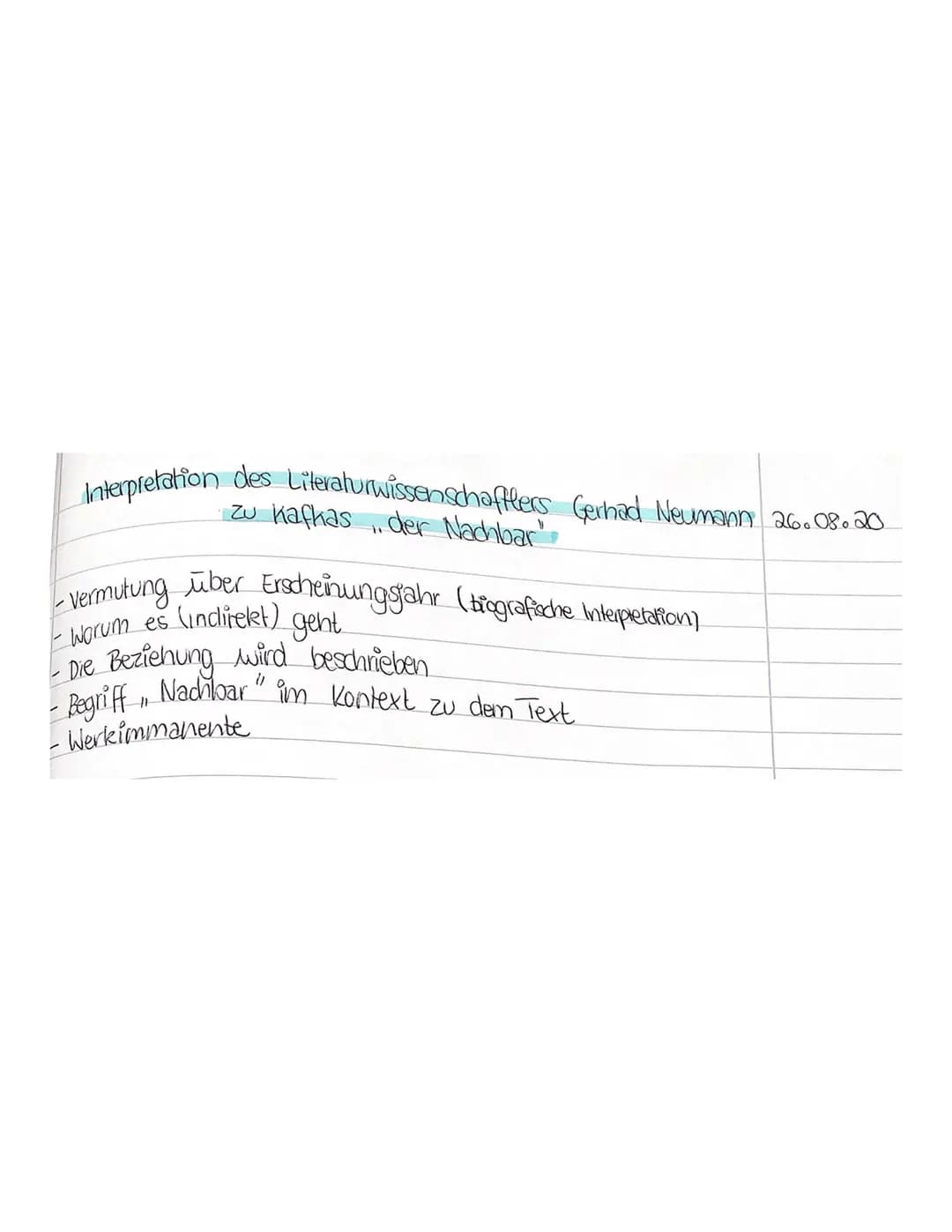 Franz Kafka: Der Nachbar (1917).
Umkreis
d. eigenen
Wohnraums,
wohnt neben-
an
bekannt,
befreundet
Misstrauen
Nachbar
Thelfende Hand
Hilfsbe