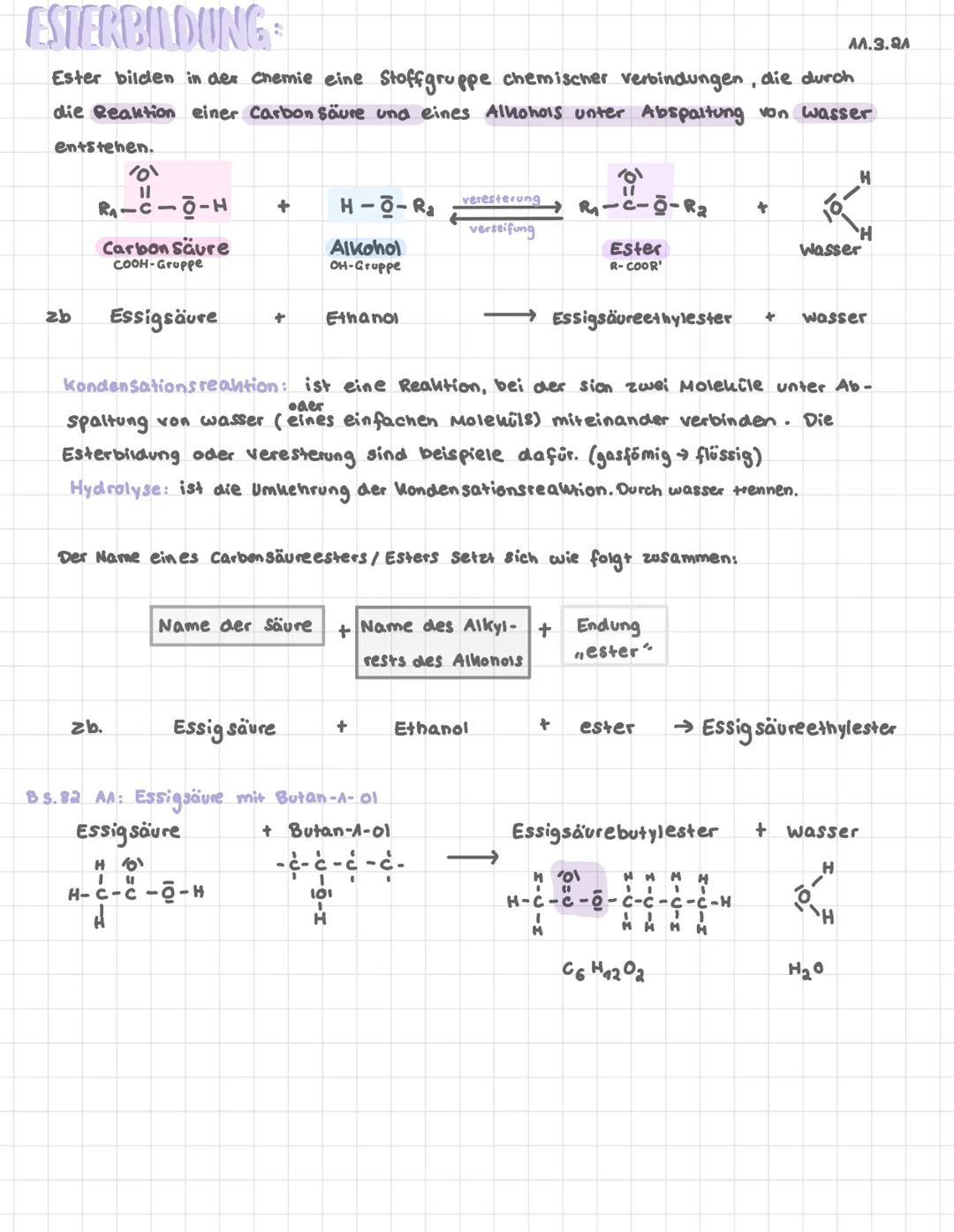 # ESTERBILDUNG

ΑΛ.3.24

Ester bilden in der chemie eine Stoffgruppe chemischer verbindungen, die durch
die Reaktion einer Carbon Säure und 