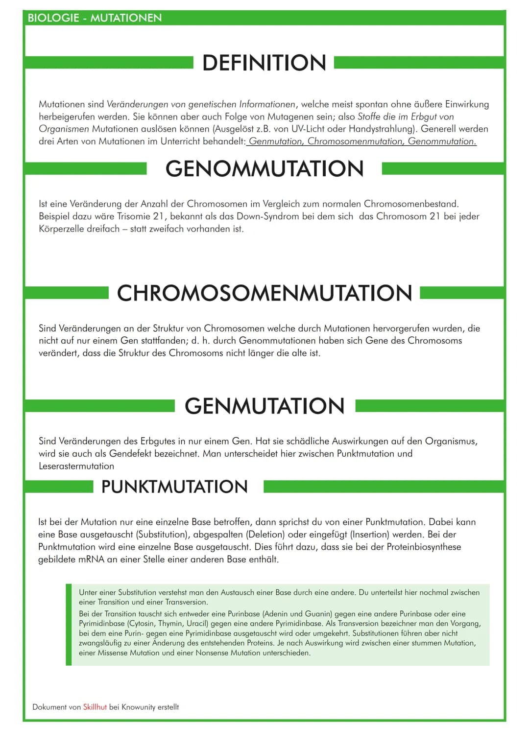 BIOLOGIE - MUTATIONEN
DEFINITION
Mutationen sind Veränderungen von genetischen Informationen, welche meist spontan ohne äußere Einwirkung
he