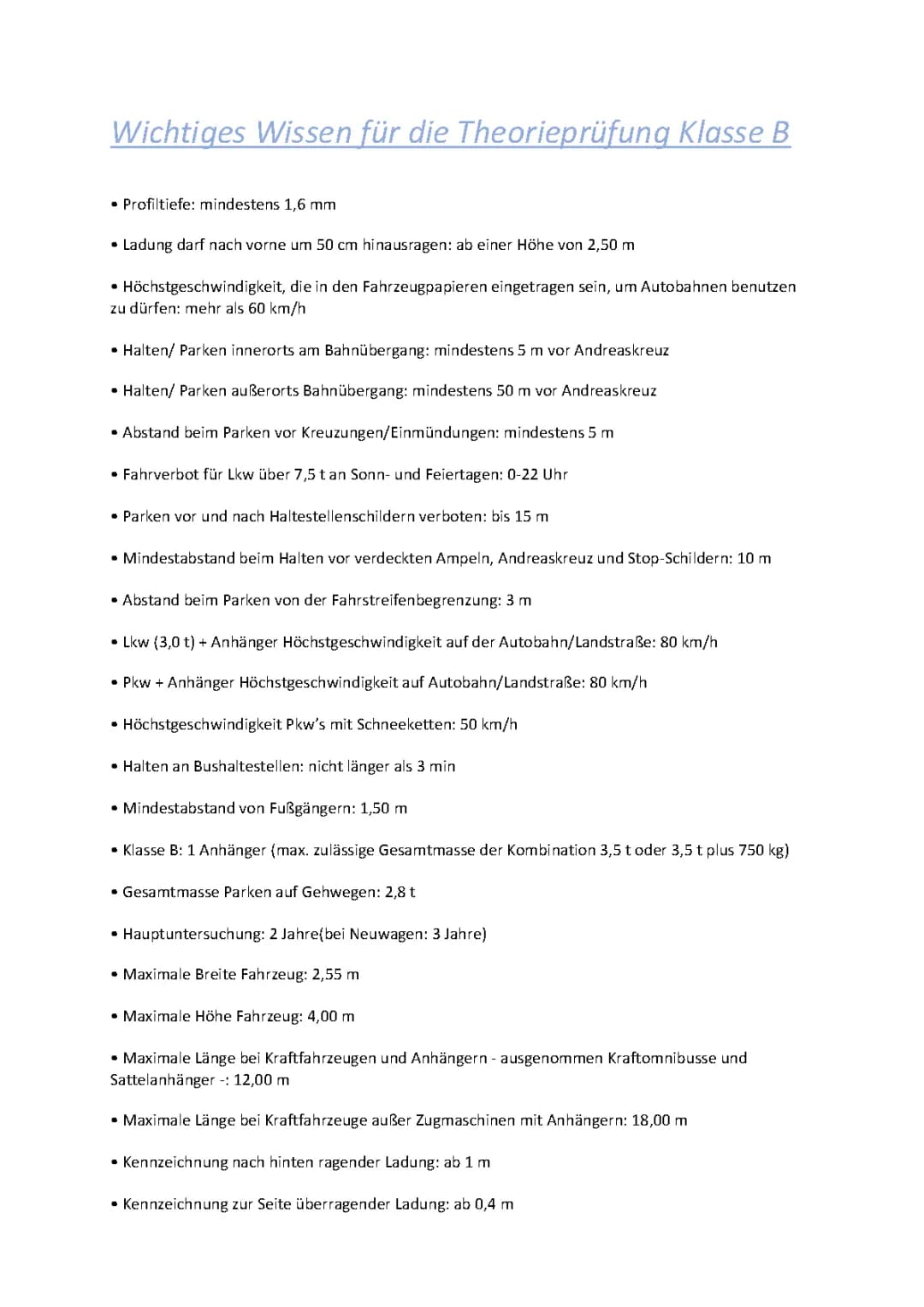 Wichtiges Wissen für die Theorieprüfung Klasse B