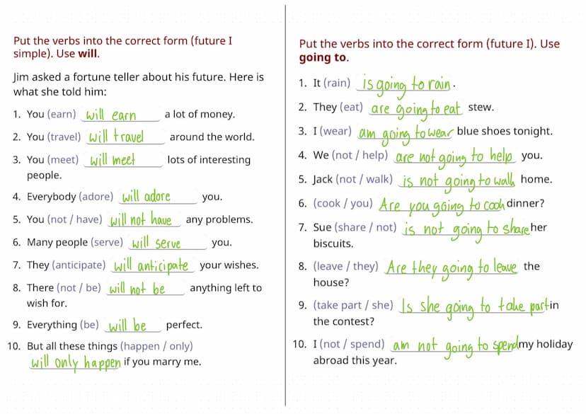 Will-future
Structure: will + infinitive
Signal words: tomorrow, next week/month/year, in 2021, in one year, expect,
believe, hope, suppose,