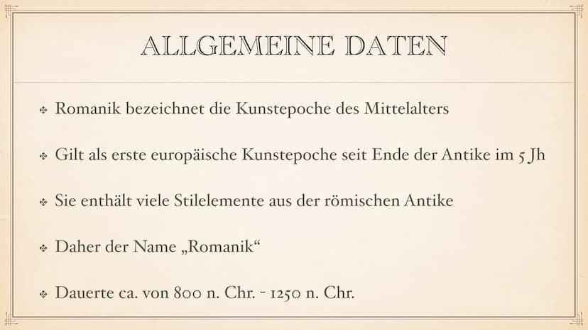 ROMANIK F
> Allgemeine Daten
◆ Dauer der Epoche
→ Stilphasen
Vorromanik
INHALTSVERZEICHNIS
• Merkmale der Epoche
Architektur
Pfeiler & Säule