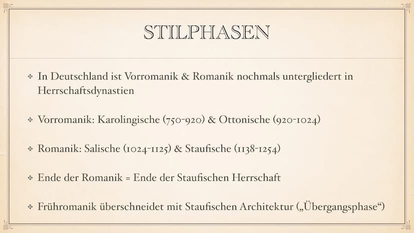 ROMANIK F
> Allgemeine Daten
◆ Dauer der Epoche
→ Stilphasen
Vorromanik
INHALTSVERZEICHNIS
• Merkmale der Epoche
Architektur
Pfeiler & Säule