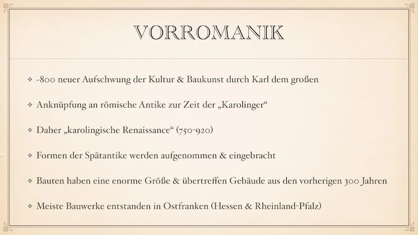 ROMANIK F
> Allgemeine Daten
◆ Dauer der Epoche
→ Stilphasen
Vorromanik
INHALTSVERZEICHNIS
• Merkmale der Epoche
Architektur
Pfeiler & Säule