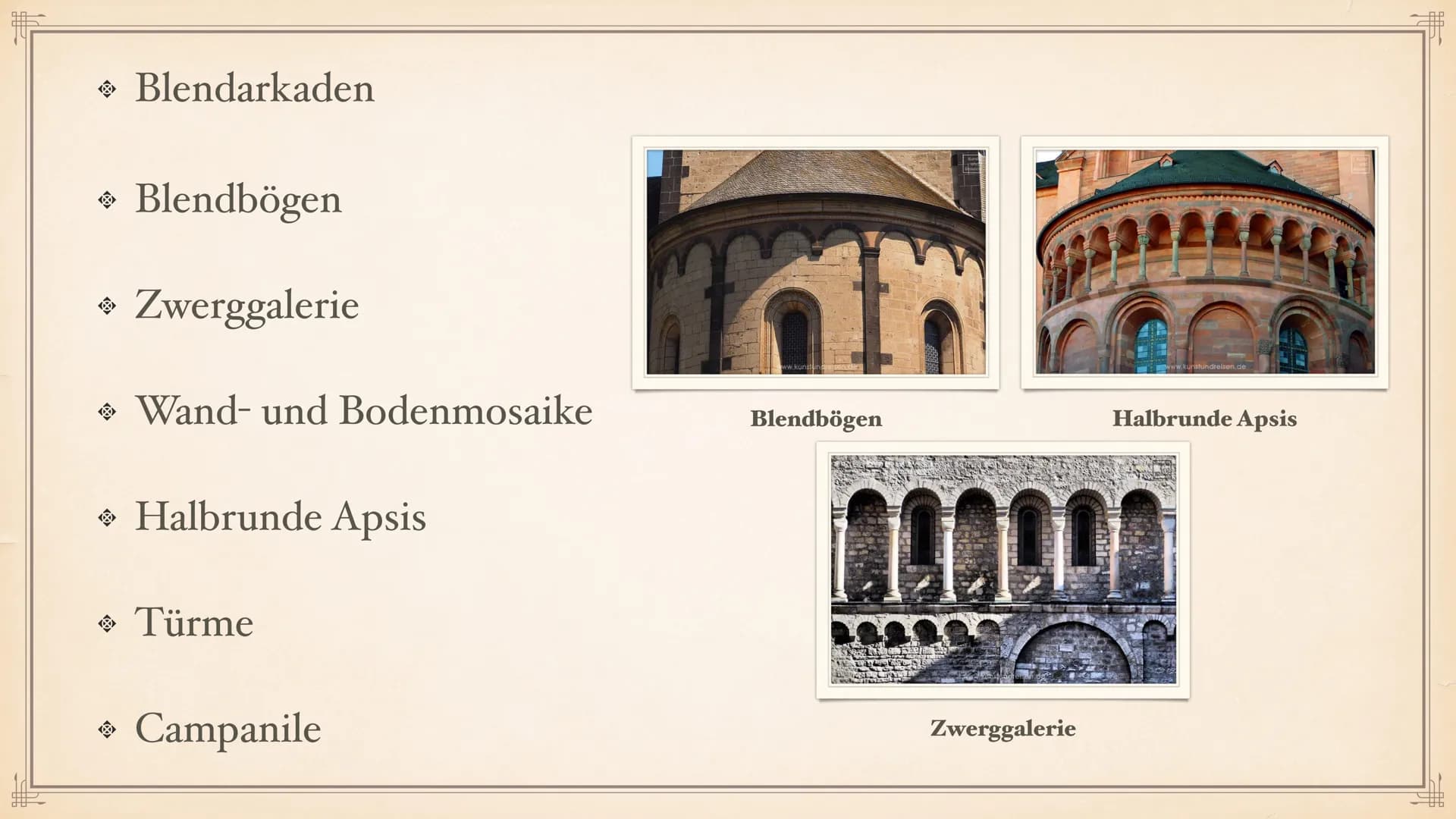 ROMANIK F
> Allgemeine Daten
◆ Dauer der Epoche
→ Stilphasen
Vorromanik
INHALTSVERZEICHNIS
• Merkmale der Epoche
Architektur
Pfeiler & Säule