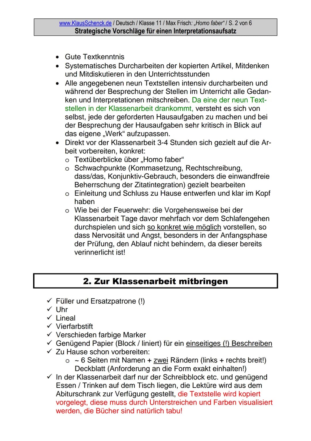 www.KlausSchenck.de / Deutsch / Klasse 11 / Max Frisch: ,,Homo faber"/ S. 1 von 6
Strategische Vorschläge für einen Interpretationsaufsatz
S