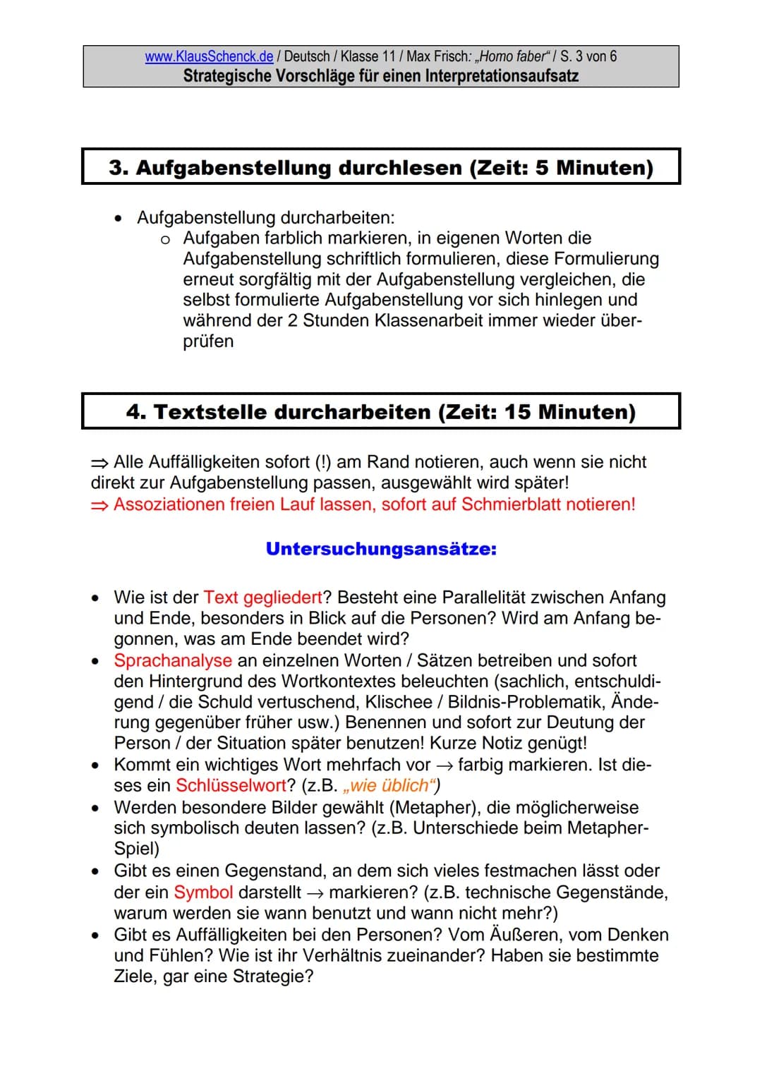 www.KlausSchenck.de / Deutsch / Klasse 11 / Max Frisch: ,,Homo faber"/ S. 1 von 6
Strategische Vorschläge für einen Interpretationsaufsatz
S