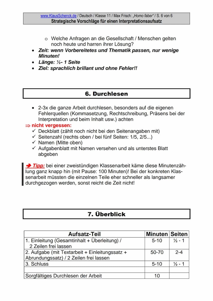 www.KlausSchenck.de / Deutsch / Klasse 11 / Max Frisch: ,,Homo faber"/ S. 1 von 6
Strategische Vorschläge für einen Interpretationsaufsatz
S