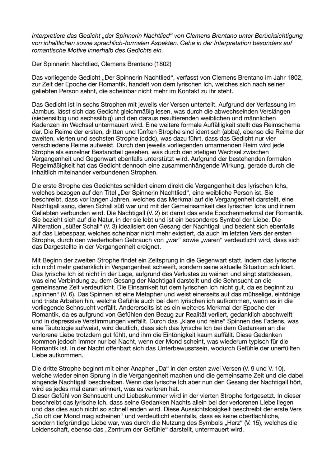 Interpretiere das Gedicht ,,der Spinnerin Nachtlied" von Clemens Brentano unter Berücksichtigung
von inhaltlichen sowie sprachlich-formalen 