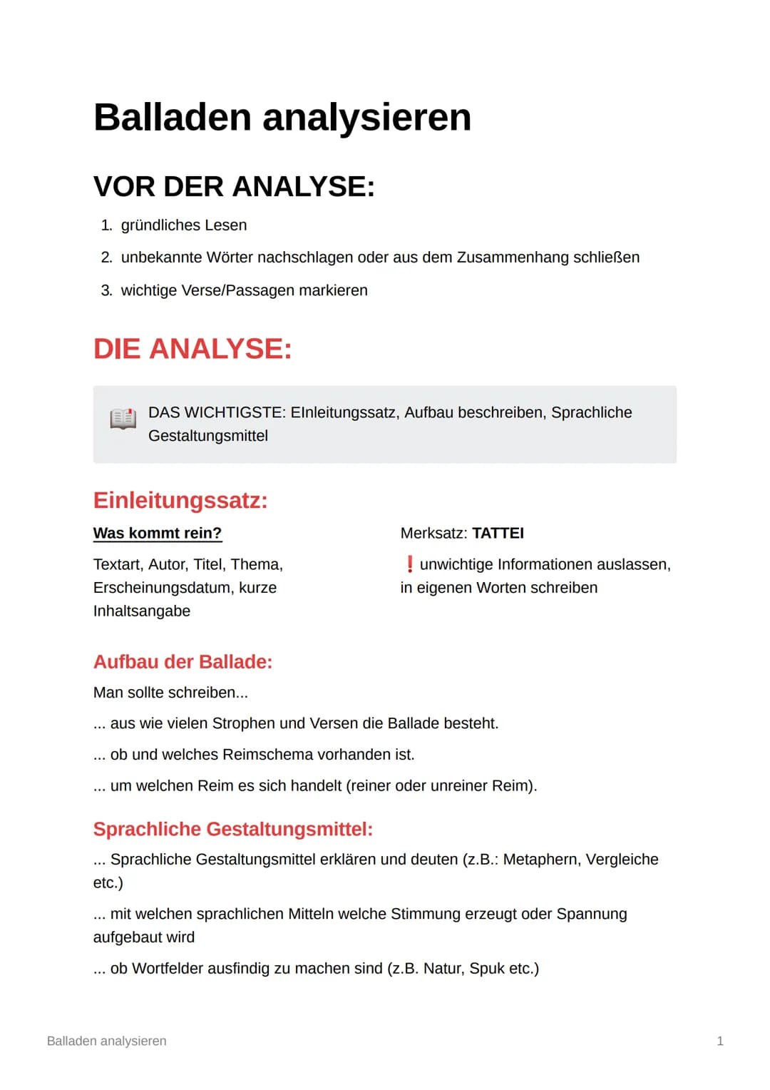 Balladen analysieren
VOR DER ANALYSE:
1. gründliches Lesen
2. unbekannte Wörter nachschlagen oder aus dem Zusammenhang schließen
3. wichtige