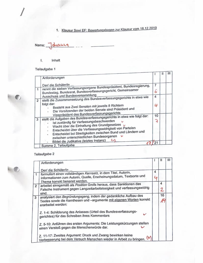 Name: Jonana
1.Klausur Sozialwissenschaften (EF)
Thema: Die Verfassungsorgane der Bundesrepublik Deutschland
Aufgabe 1)
Nennen Sie die Ihnen