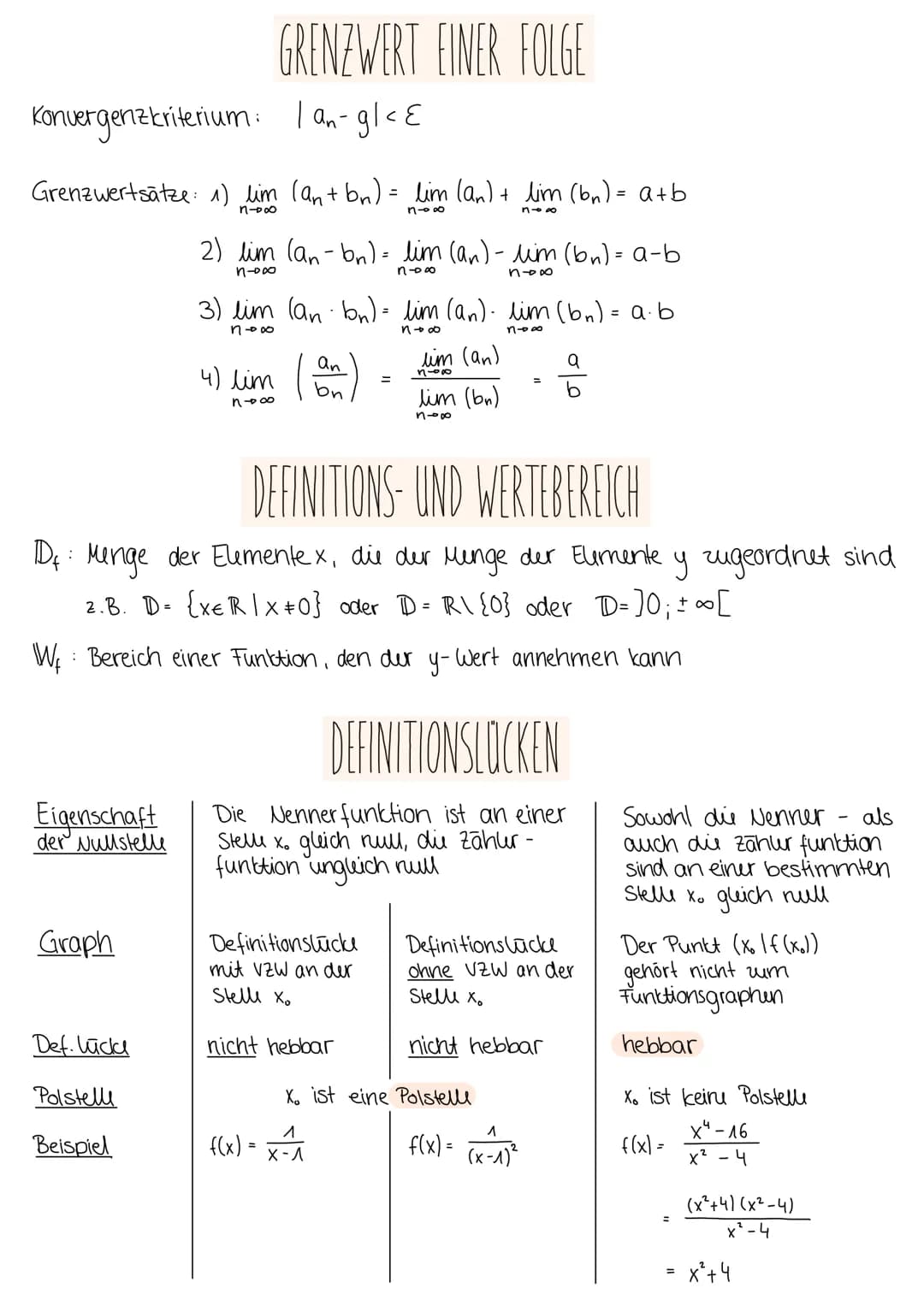 Konvergenzkriterium: lan-gleE
Grenzwertsatze: 1) lim (an+ bn) = lim (an) + lim (bn) = a+b
11-000
n-00
n8
Eigenschaft
der Nullstelle
Graph
GR