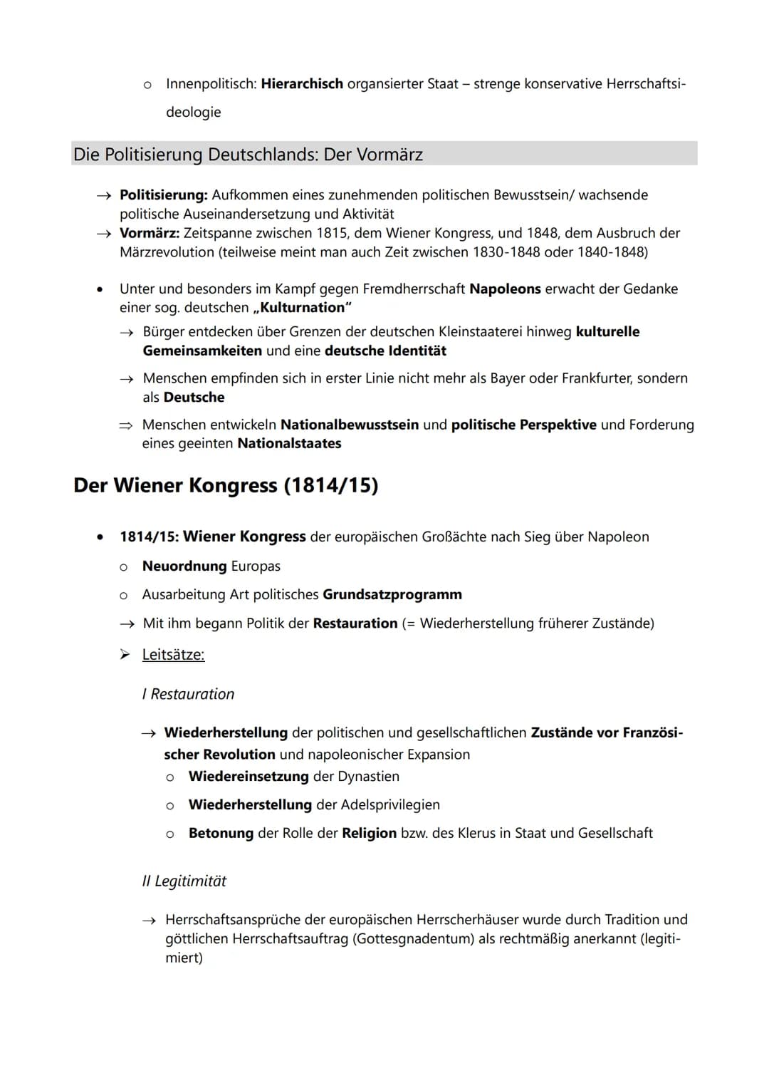 VORMÄRZ
Nationalismus, Liberalismus, Restauration:
Politische und wirtschaftliche/soziale Ursachen der
Revolution, Ziele und Träger der Revo