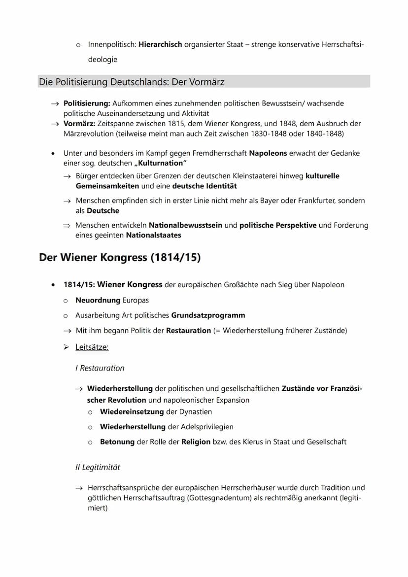 VORMÄRZ
Nationalismus, Liberalismus, Restauration:
Politische und wirtschaftliche/soziale Ursachen der
Revolution, Ziele und Träger der Revo