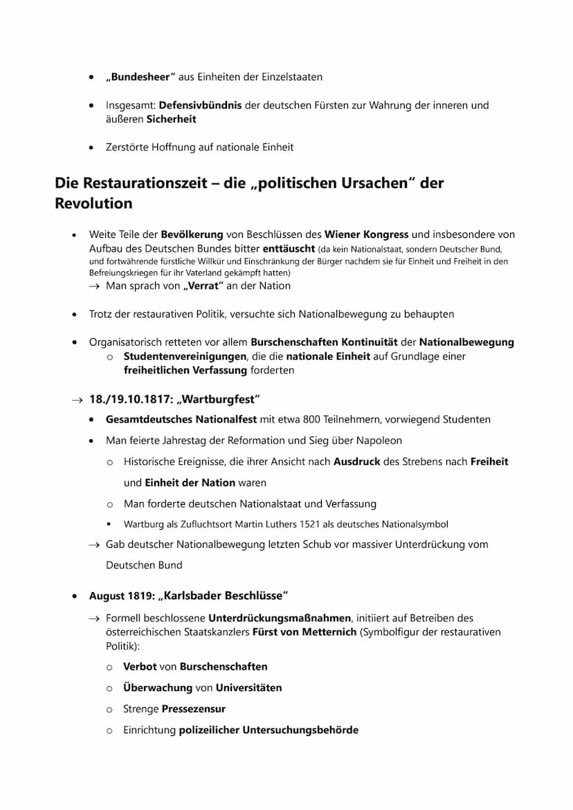 VORMÄRZ
Nationalismus, Liberalismus, Restauration:
Politische und wirtschaftliche/soziale Ursachen der
Revolution, Ziele und Träger der Revo