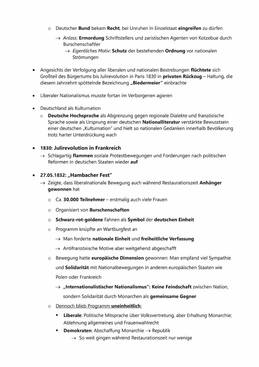 VORMÄRZ
Nationalismus, Liberalismus, Restauration:
Politische und wirtschaftliche/soziale Ursachen der
Revolution, Ziele und Träger der Revo