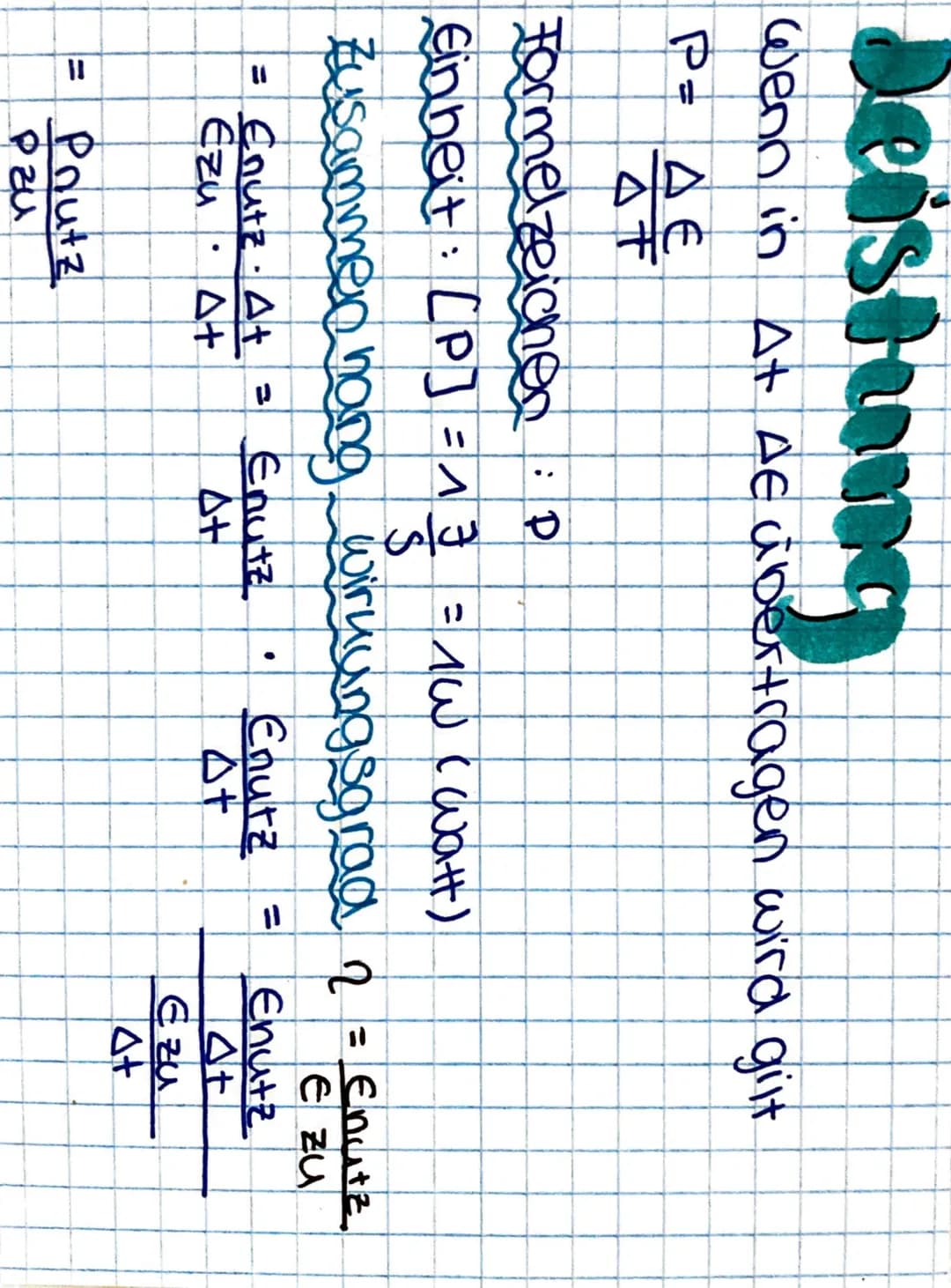 Deistung
Wenn in At AE übertragen wird gilt
P= AE
€
41
Formelzeichen: P
Einheit: [P] =^3 = 1W (Watt)
13
Zusammen nang wirkungsgrad 2
= Enutz