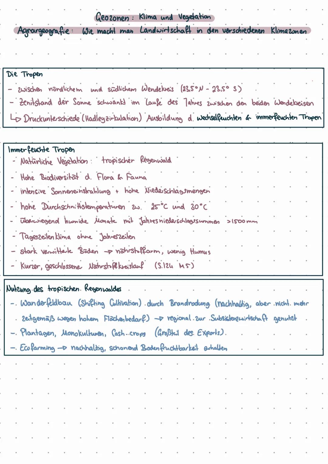 Geozonen & Agrargeographie
Tropen: Immerfeuchte Tropen
●
●
(Desertifikation)
Wüsten und Halbwüsten
↳ Nutzung der Wüsten
Subtropen/trockene M