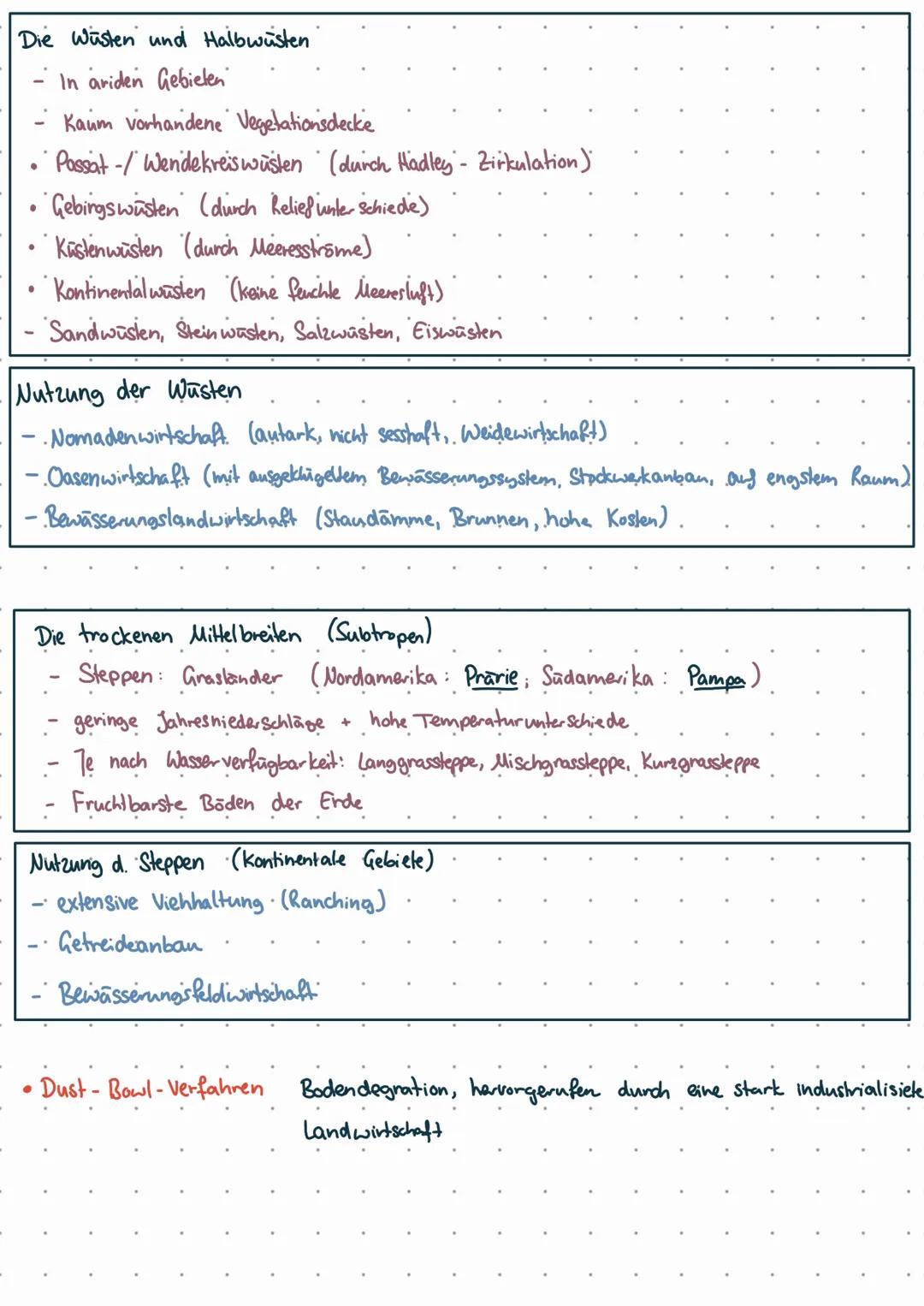 Geozonen & Agrargeographie
Tropen: Immerfeuchte Tropen
●
●
(Desertifikation)
Wüsten und Halbwüsten
↳ Nutzung der Wüsten
Subtropen/trockene M