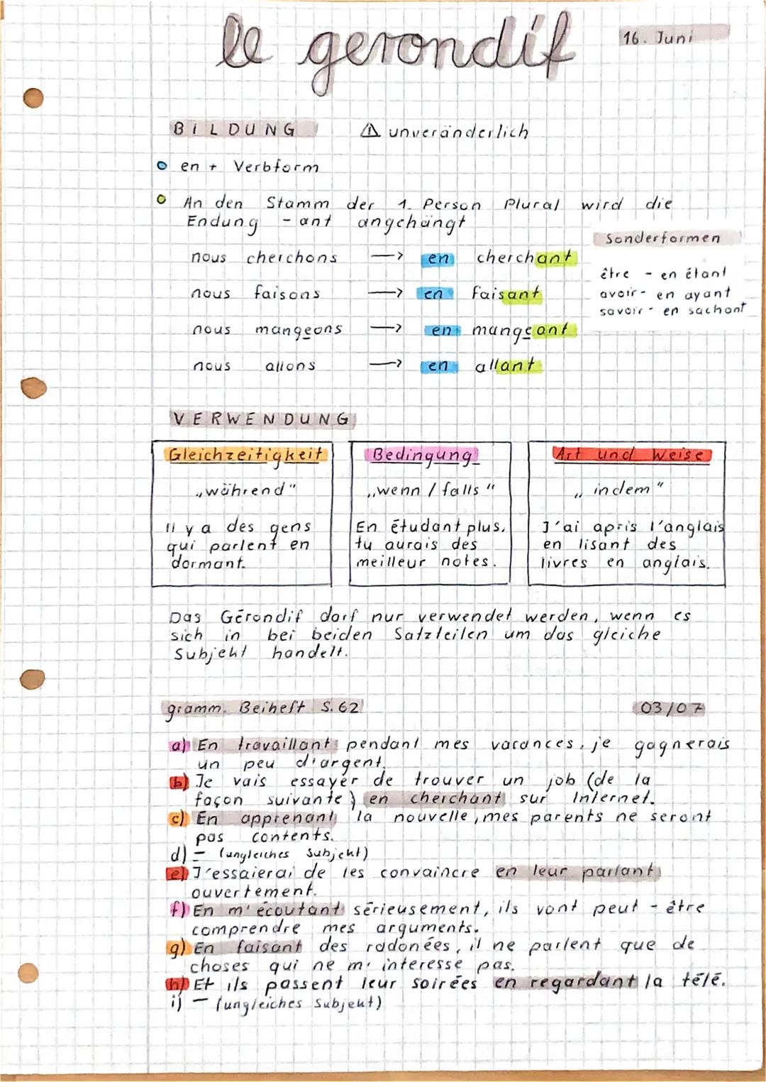 le gerondif
O
BILDUNG
O en + Verbform
An den
Endung - ant
nous cherchons
faisons
nous
nous
nous
mangeons
Stamm der
allons
VERWENDUNG
Gleichz
