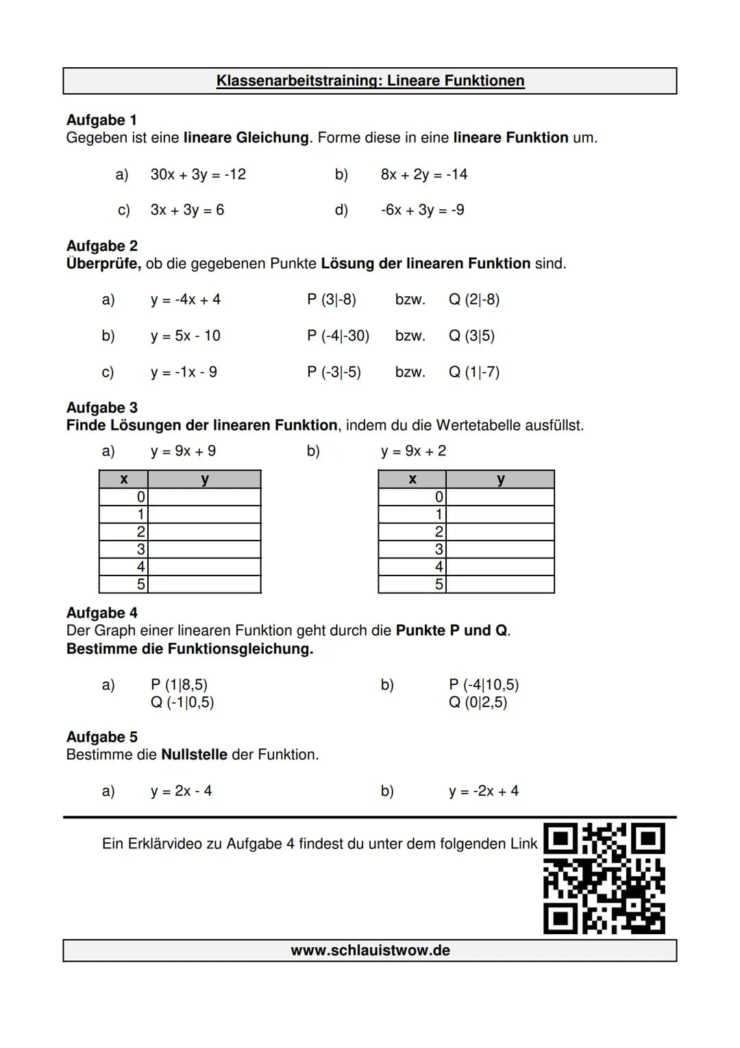 Aufgabe 1
Gegeben ist eine lineare Gleichung. Forme diese in eine lineare Funktion um.
a) 30x + 3y = -12
b)
8x + 2y = -14
c)
3x + 3y = 6
d)
