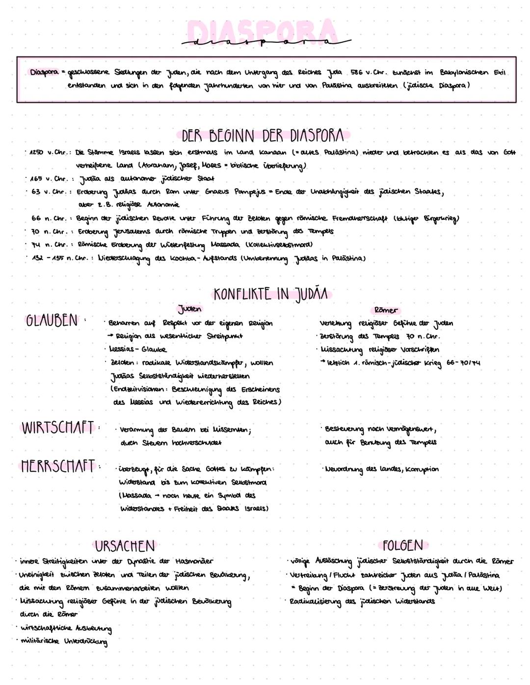 DIASPORA
Diaspora = geschlossene Siedlungen der Juden, die nach dem Untergang des Reiches Judla 586 v. Chr. Zunächst im Babylonischen Exil
e