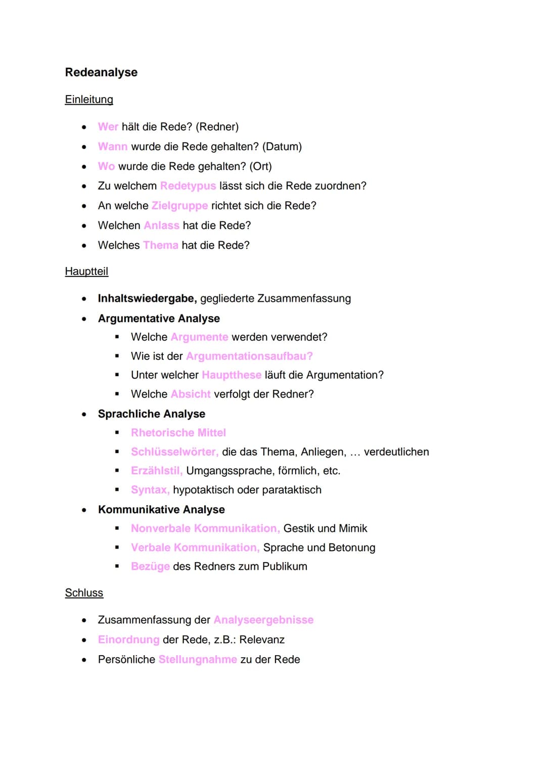 Redeanalyse
Einleitung
●
●
●
●
●
●
Hauptteil
●
●
Wer hält die Rede? (Redner)
Wann wurde die Rede gehalten? (Datum)
Wo wurde die Rede gehalte