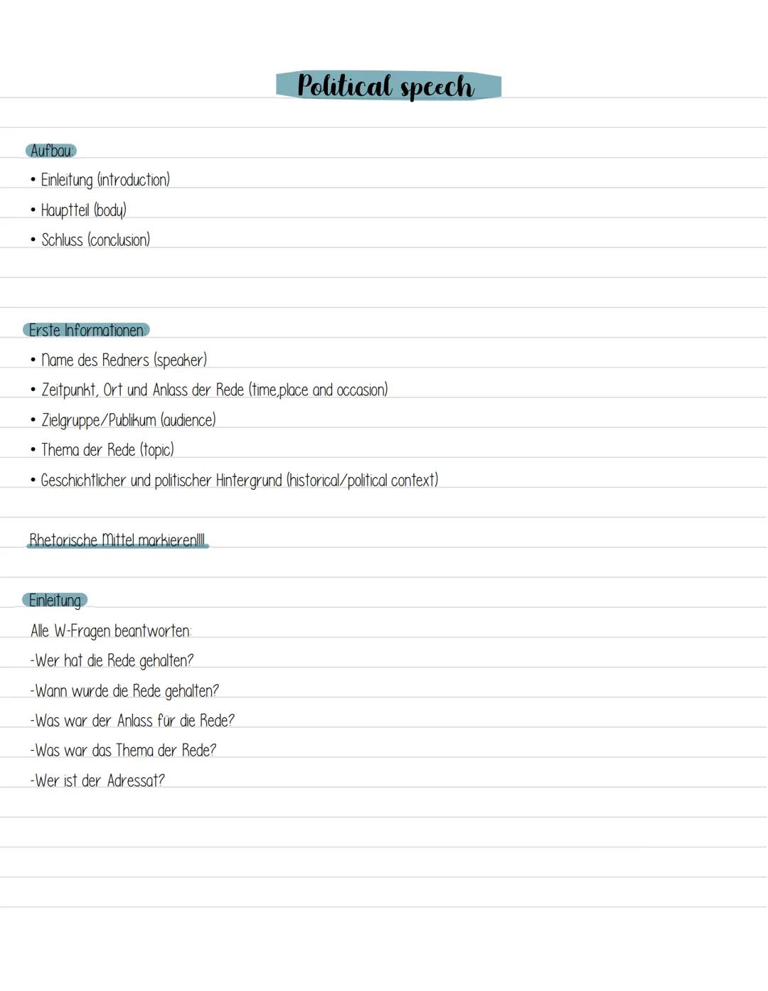 Aufbau
• Einleitung (introduction)
Hauptteil (body)
Schluss (conclusion)
Erste Informationen
name des Redners (speaker)
• Zeitpunkt, Ort und