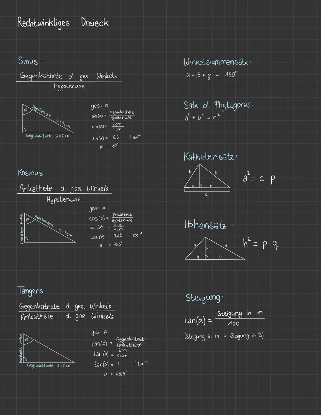 Rechtwinkliges Dreieck
Sinus:
ges.
Gegenkathete d.
Hypotenuse
XX
Hypotenuse
Gegenkathete a= 2 cm
a
c = 4cm
Hypotenuse
Kosinus.
Ankathete d. 