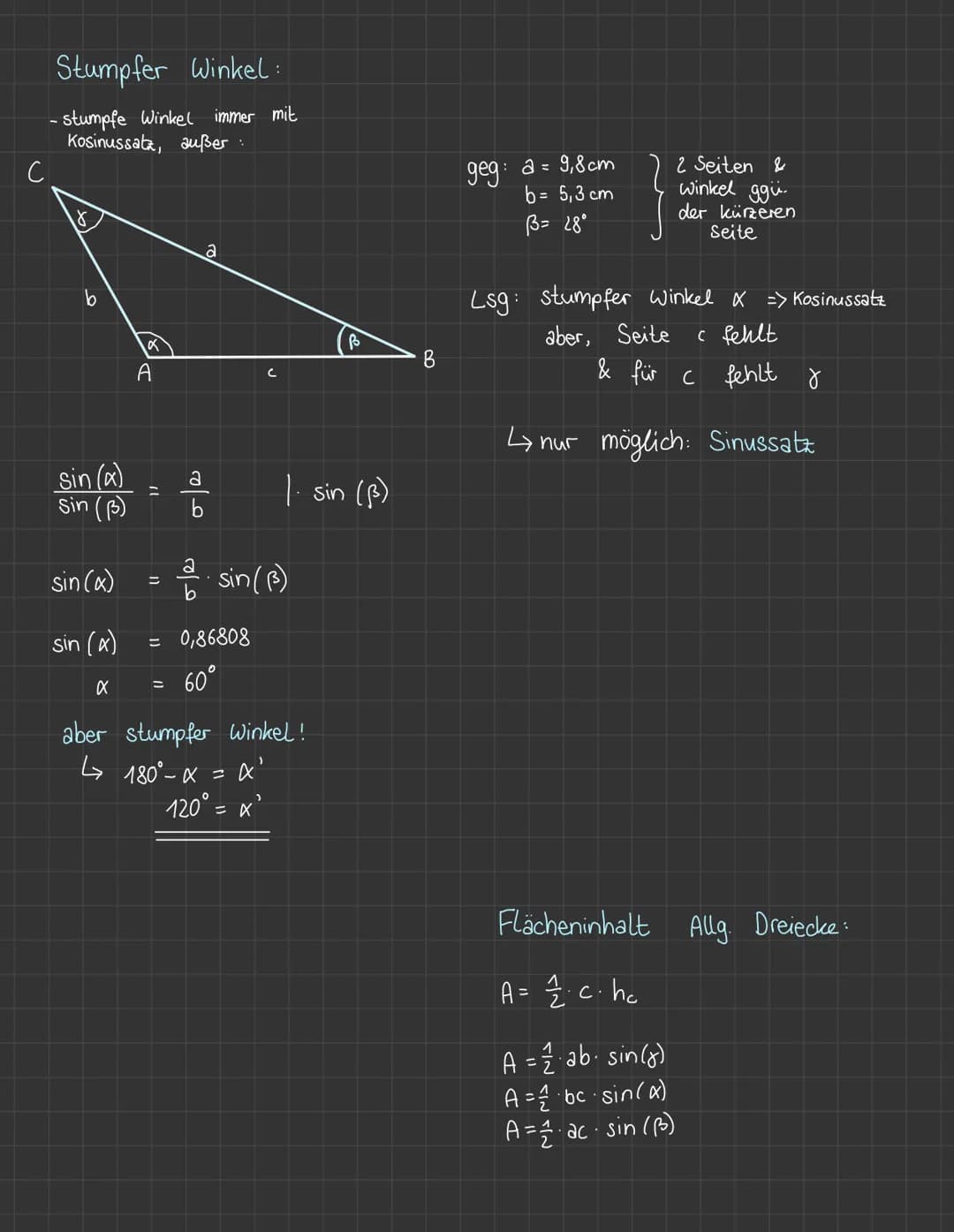 Rechtwinkliges Dreieck
Sinus:
ges.
Gegenkathete d.
Hypotenuse
XX
Hypotenuse
Gegenkathete a= 2 cm
a
c = 4cm
Hypotenuse
Kosinus.
Ankathete d. 
