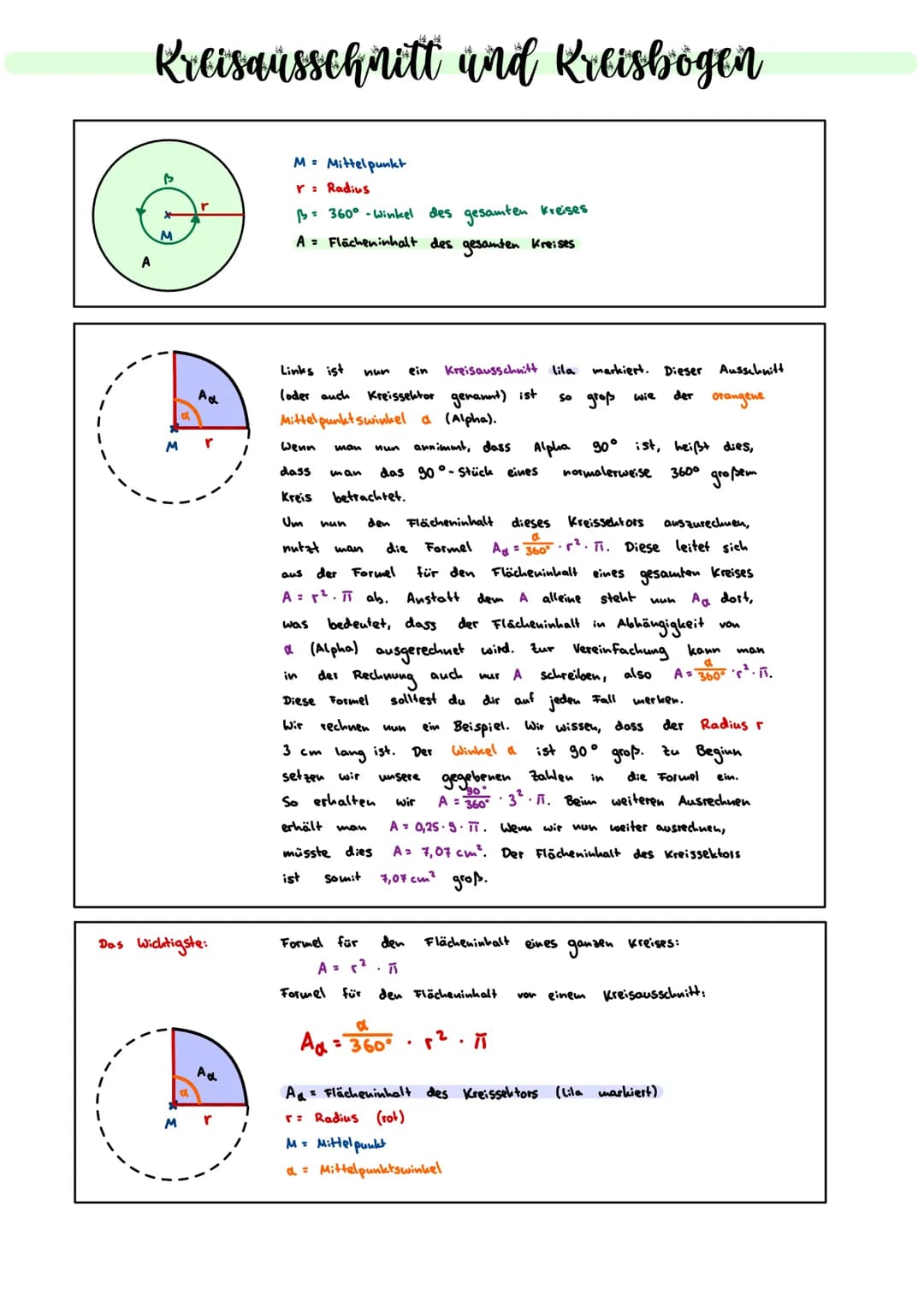 A
Kreisausschnitt and Kreisbogen
M = Mittelpunkt
r: Radius
ß
M
Ad
Das Wichtigste:
Ad
r
B=360°-Winkel des gesamten Kreises
A = Flächeninhalt 