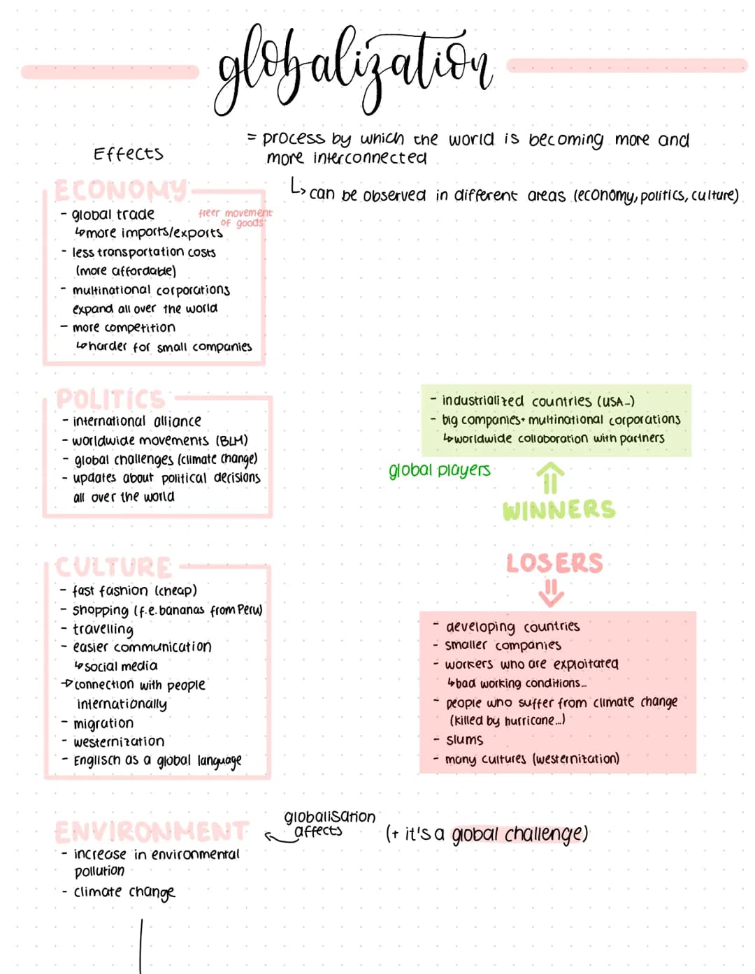Effects
ECONOMY
global trade
Lomore imports/exports
globalization
= process by which the world is becoming more and
more interconnected
L> c