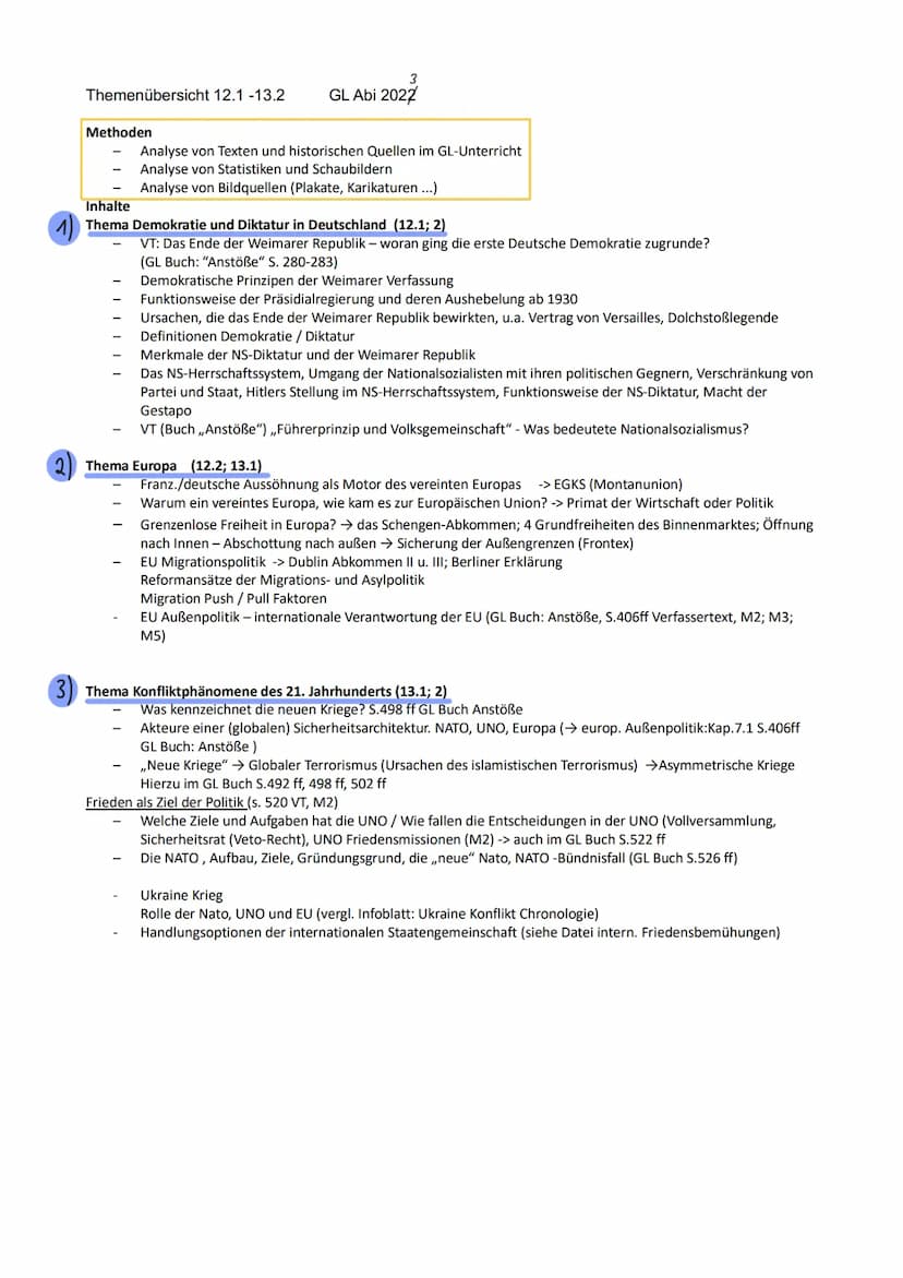 Gesellschaftslehre - Abitur
Zusammenfassung
88888
Itu Themenübersicht 12.1 -13.2 GL Abi 2027
Methoden
Analyse von Texten und historischen Qu