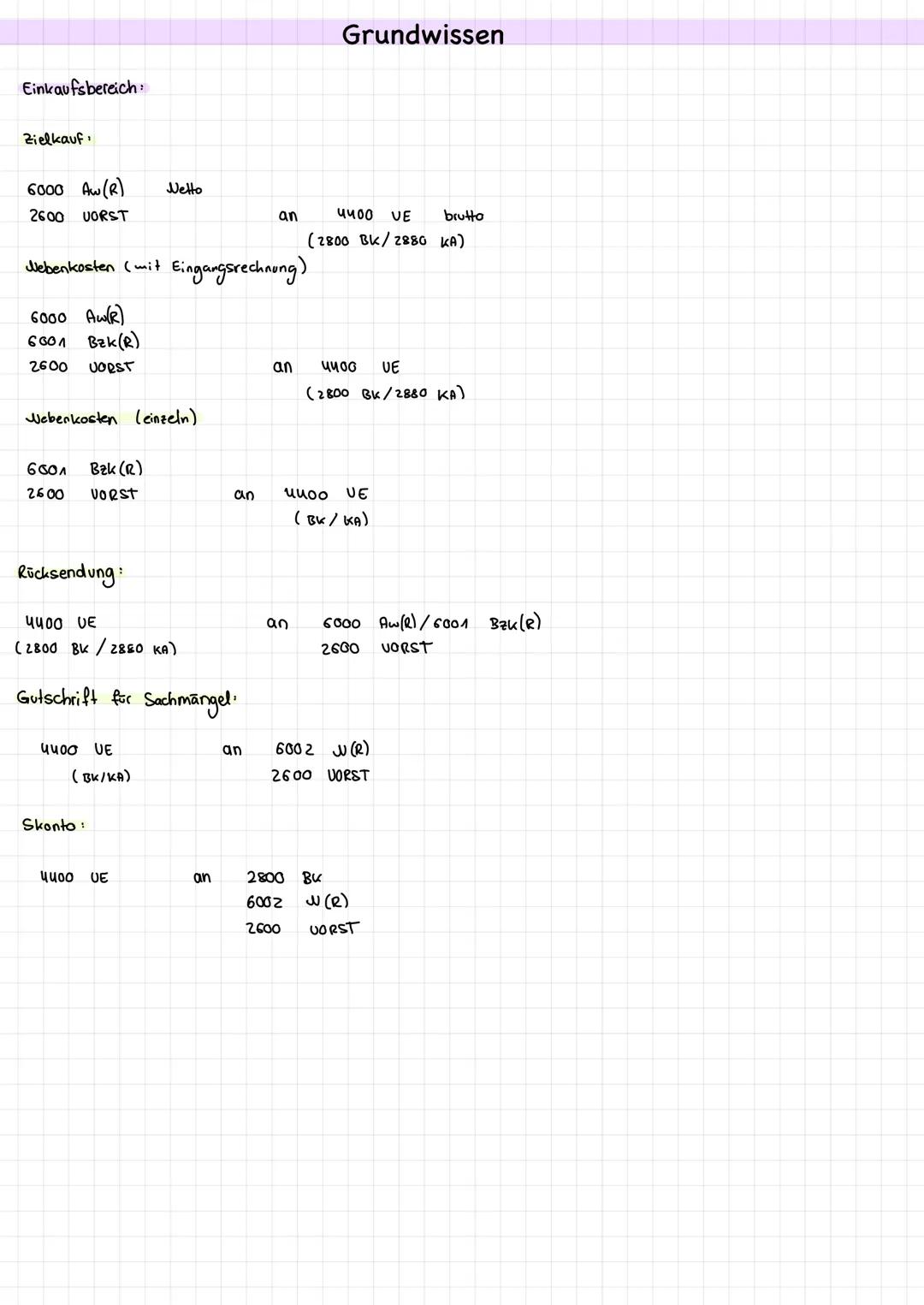 Einkaufsbereich:
Zielkauf
6000 Aw(R)
2600 VORST
Nebenkosten (einzeln)
6001
Bzk (R)
2600 VORST
Nebenkosten (mit Eingangsrechnung)
6000 Aw(R)
