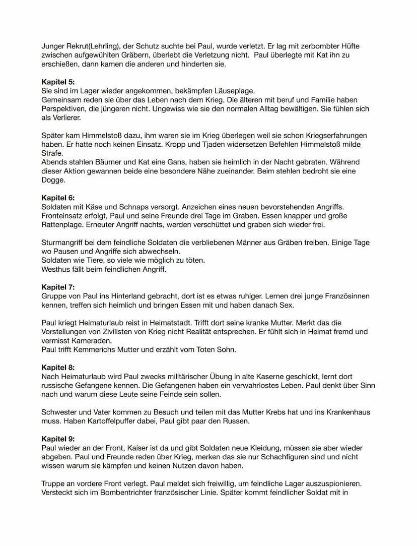 Kapitel 1:
Anfangs wird Nachmittag näher beschrieben, wo die Kompanie an der Front ist. In der Zeit an der
Front Kompanie um Hälfte geschrum