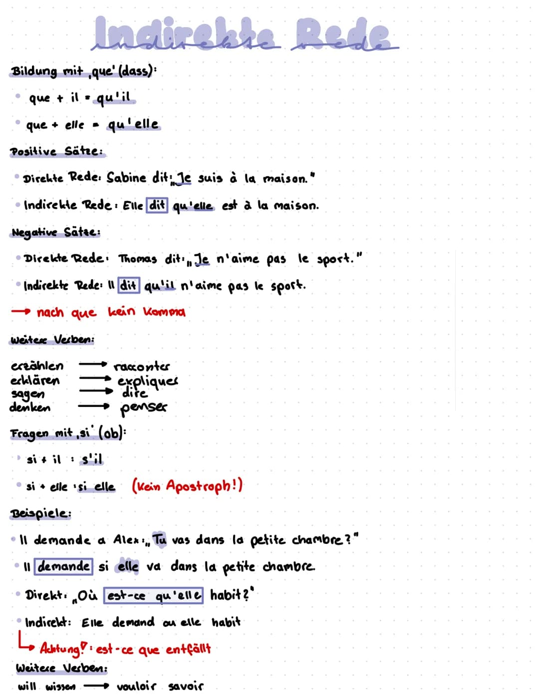 Bildung mit ,que' (dass):
que + il = 'qu'il
Indirekte Rede
que + elle = qu'elle
Positive Sätze:
Direkte Rede: Sabine dit: Je suis à la maiso