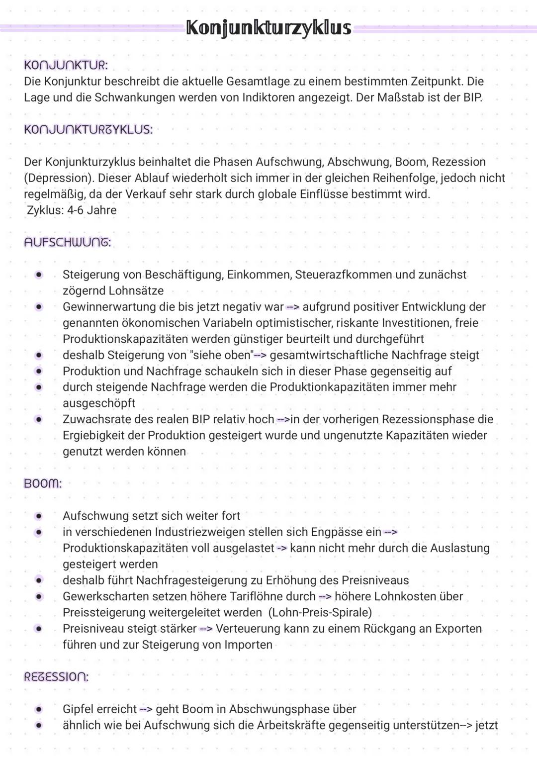 KONJUNKTUR:
Die Konjunktur beschreibt die aktuelle Gesamtlage zu einem bestimmten Zeitpunkt. Die
Lage und die Schwankungen werden von Indikt