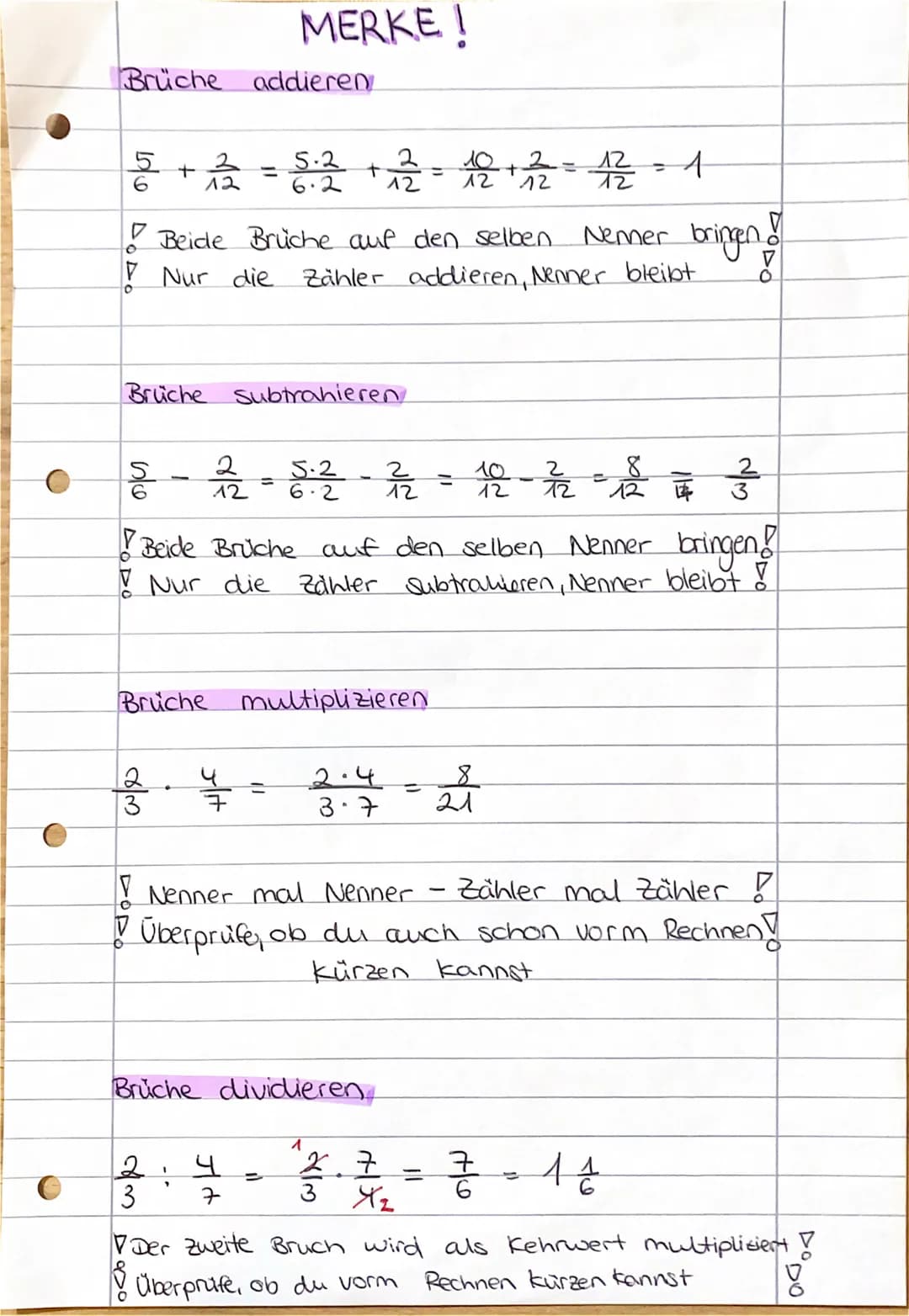 Brüche addieren
동
+
MERKE!
132 = 5.2 + 2 = 12 +22= 12 = 1
12
12
Brüche Subtrahieren
Beide Brüche auf den selben.
Nur die Zähler addieren, Ne