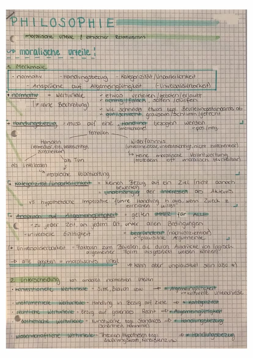 PHILOSOPHIE.
moralische Urteile & ethischer
moralische urteile
C
1. Merkmale
- normative
+ normaty
Handlungsbezug
Ansprüche auf Allgemeingül