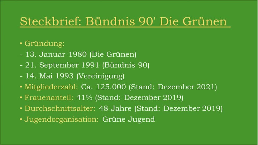 BÜNDNIS 90
DIE GRÜNEN Inhaltsverzeichnis
●
●
●
●
●
●
Steckbrief der Partei
Gründung
Grundwerte
Mitglieder
●
Parteivertreter
Wahlergebnisse
W