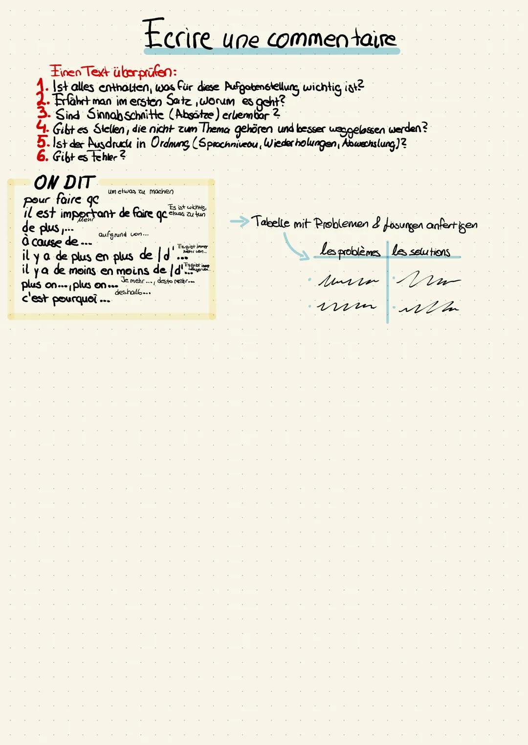 Ecrire une commentaire
Struktur & Prozess des Kommentars:
Notizen machen
2. Planen von folgenden Sinnabschnitten
& Notizen dazu machen:
Was 