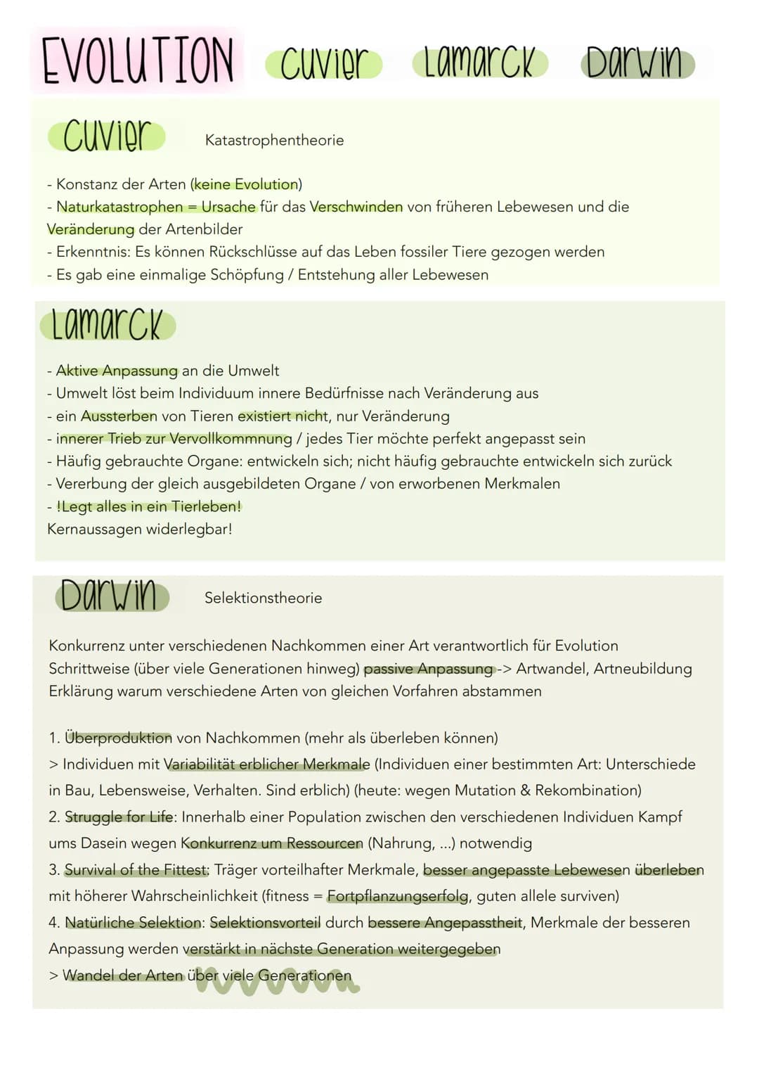 EVOLUTION Cuvier Lamarck Darwin
Cuvier
Katastrophentheorie
- Konstanz der Arten (keine Evolution)
- Naturkatastrophen Ursache für das Versch