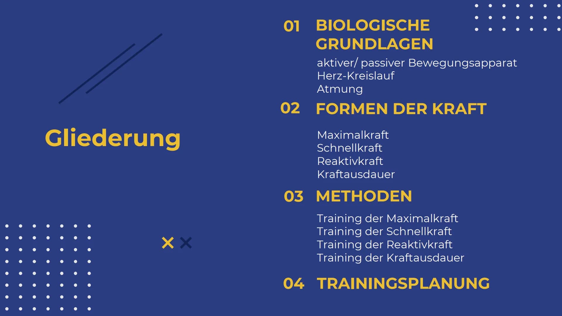 Elisabeth Atapin
Krafttraining
X
X Gliederung
X
01 BIOLOGISCHE
GRUNDLAGEN
aktiver/passiver Bewegungsapparat
Herz-Kreislauf
Atmung
02 FORMEN 
