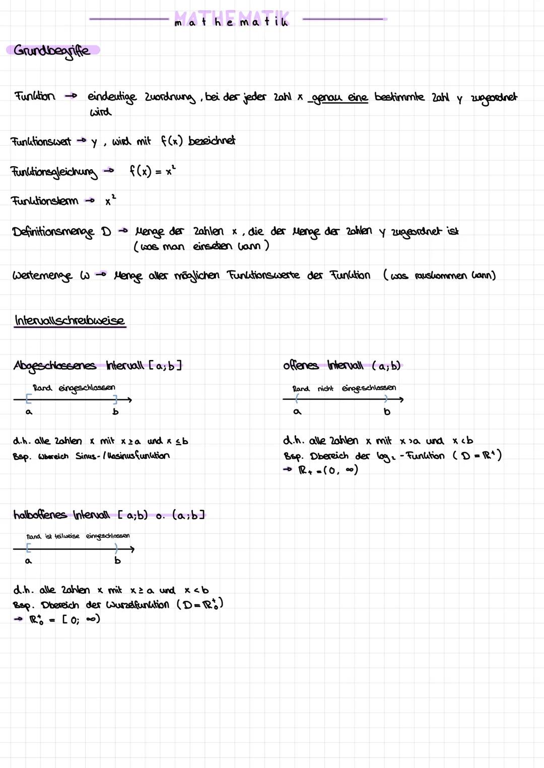 Grundbegriffe
Funktion →
Funktionswert y,
eindeutige Zuordnung, bei der jeder Zahl x _genau eine bestimmte Zahl y zugeordnet
wird
Funktionsg