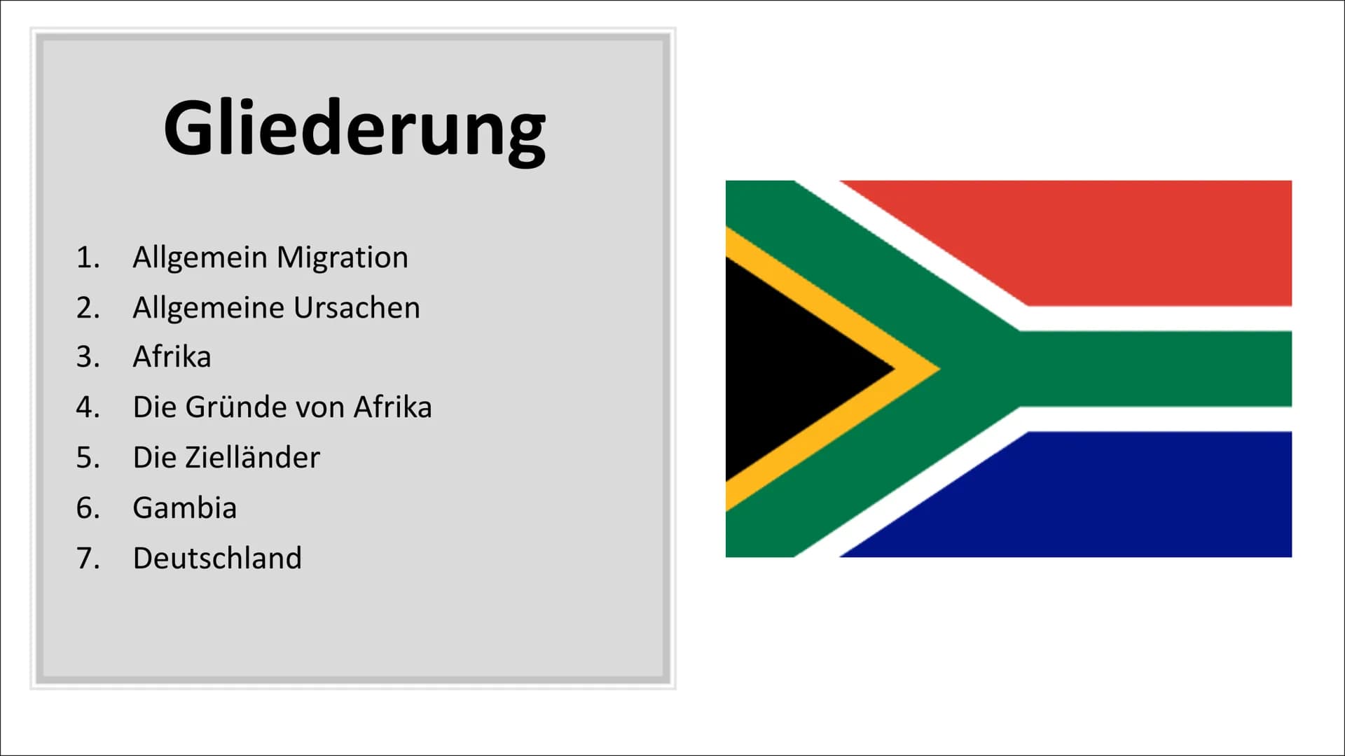Afrika Migration Gliederung
1. Allgemein Migration
2. Allgemeine Ursachen
3. Afrika
4. Die Gründe von Afrika
5. Die Zielländer
6. Gambia
7. 