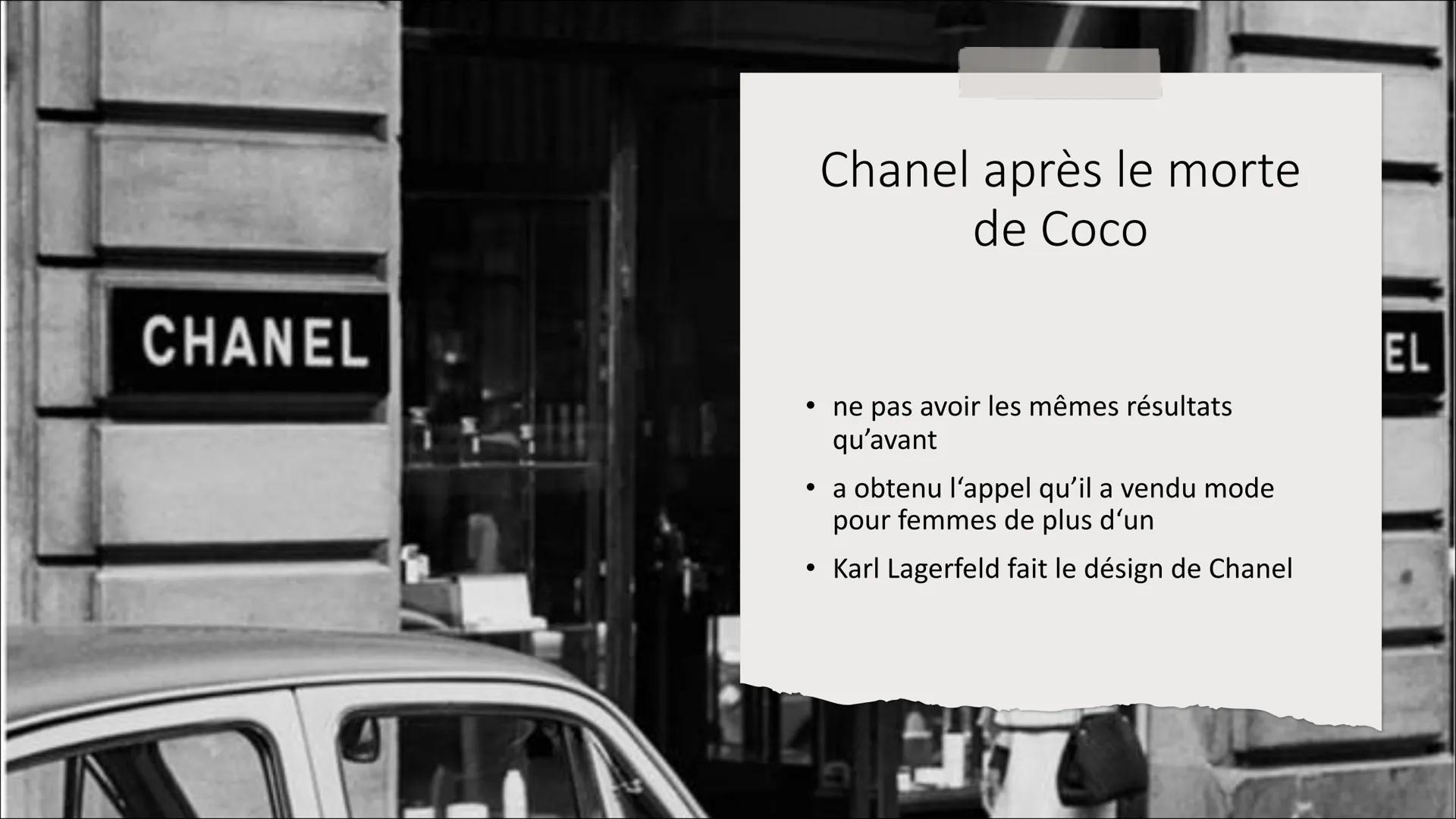 Coco Chanel
<<Je ne fais pas de mode. Je
suis la mode.>>
Coco Chanel
●
● Contenu
●
●
●
L'années de succès
Les années de la guerre
Les années