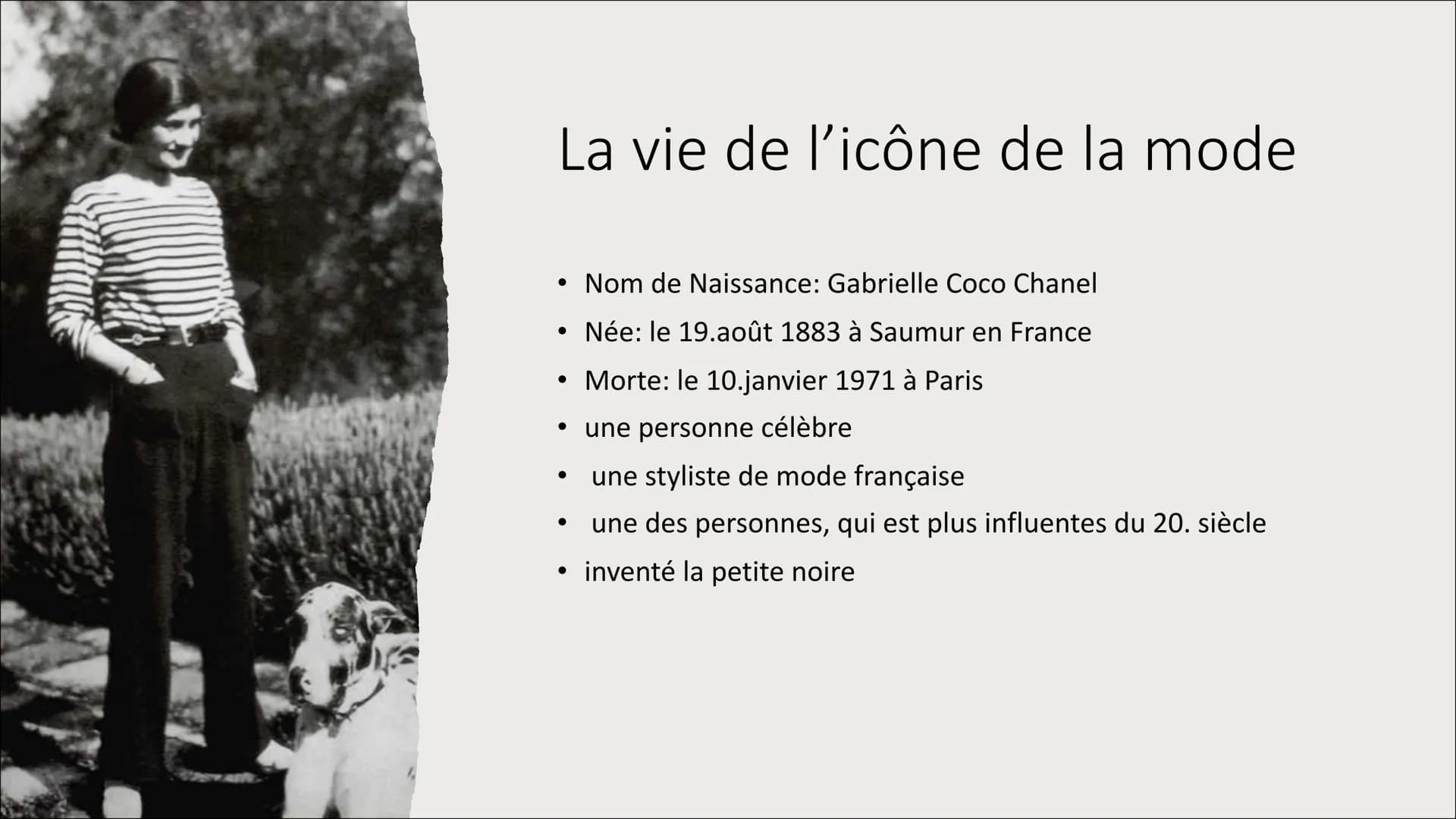 Coco Chanel
<<Je ne fais pas de mode. Je
suis la mode.>>
Coco Chanel
●
● Contenu
●
●
●
L'années de succès
Les années de la guerre
Les années