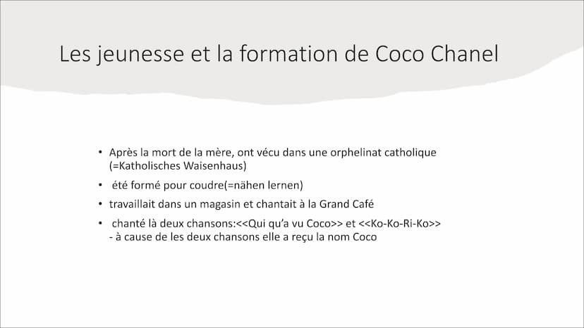Coco Chanel
<<Je ne fais pas de mode. Je
suis la mode.>>
Coco Chanel
●
● Contenu
●
●
●
L'années de succès
Les années de la guerre
Les années
